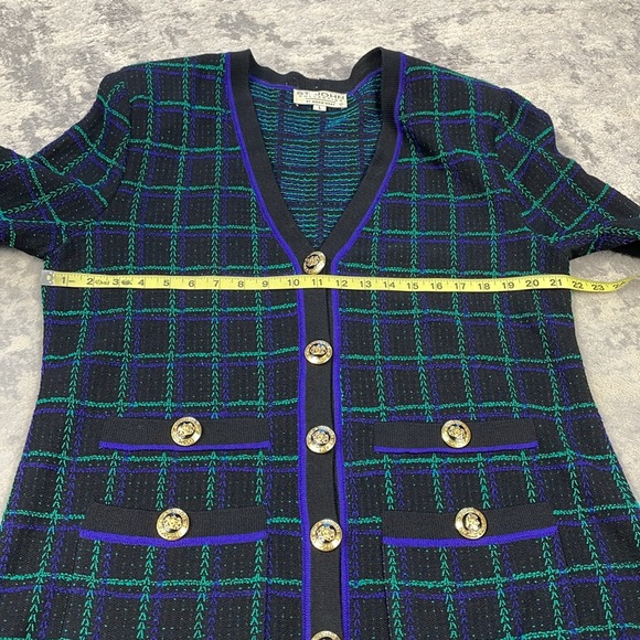 SOLD St John Signature Santana Knit Longline Cardigan Sweater Plaid Quiet Lux L - Picture 5 of 9